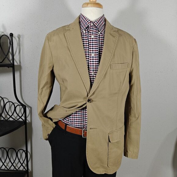 Merona Men's Sport Coat Blazer‎ Jacket Two Button Khaki Cotton Twill LARGE - Picture 1 of 16
